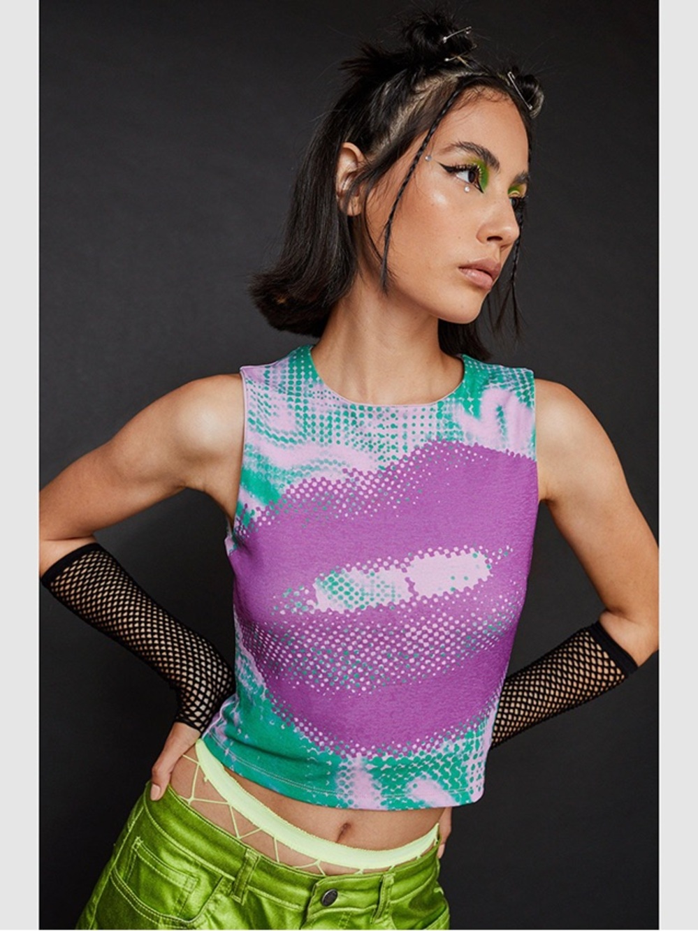 Nasty Gal Sleeveless Purple & Green Graphic Crop Top